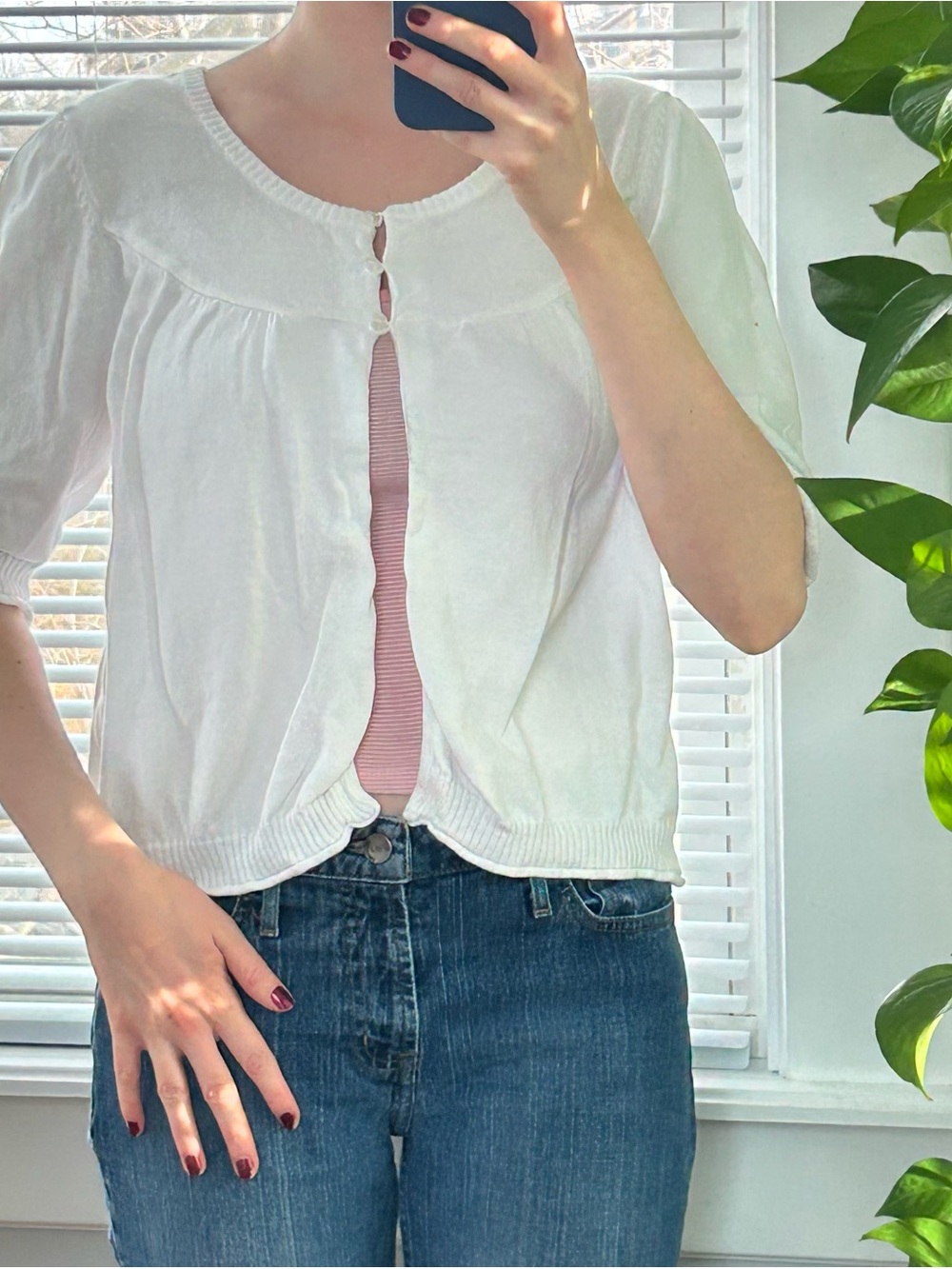 Vintage Faded Glory White Half-Sleeve Button Cardigan